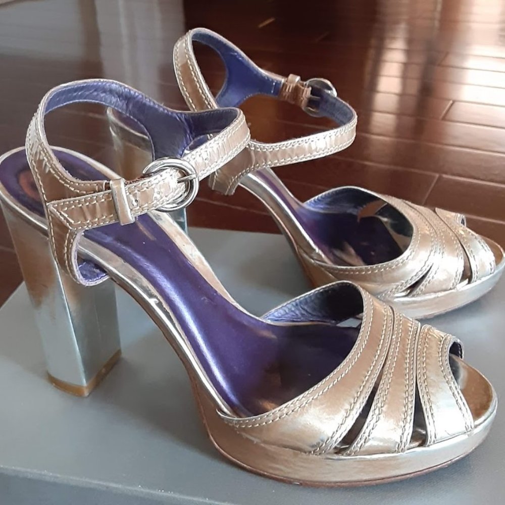 Silver Tan Patent Leather Platform Heel Sandals